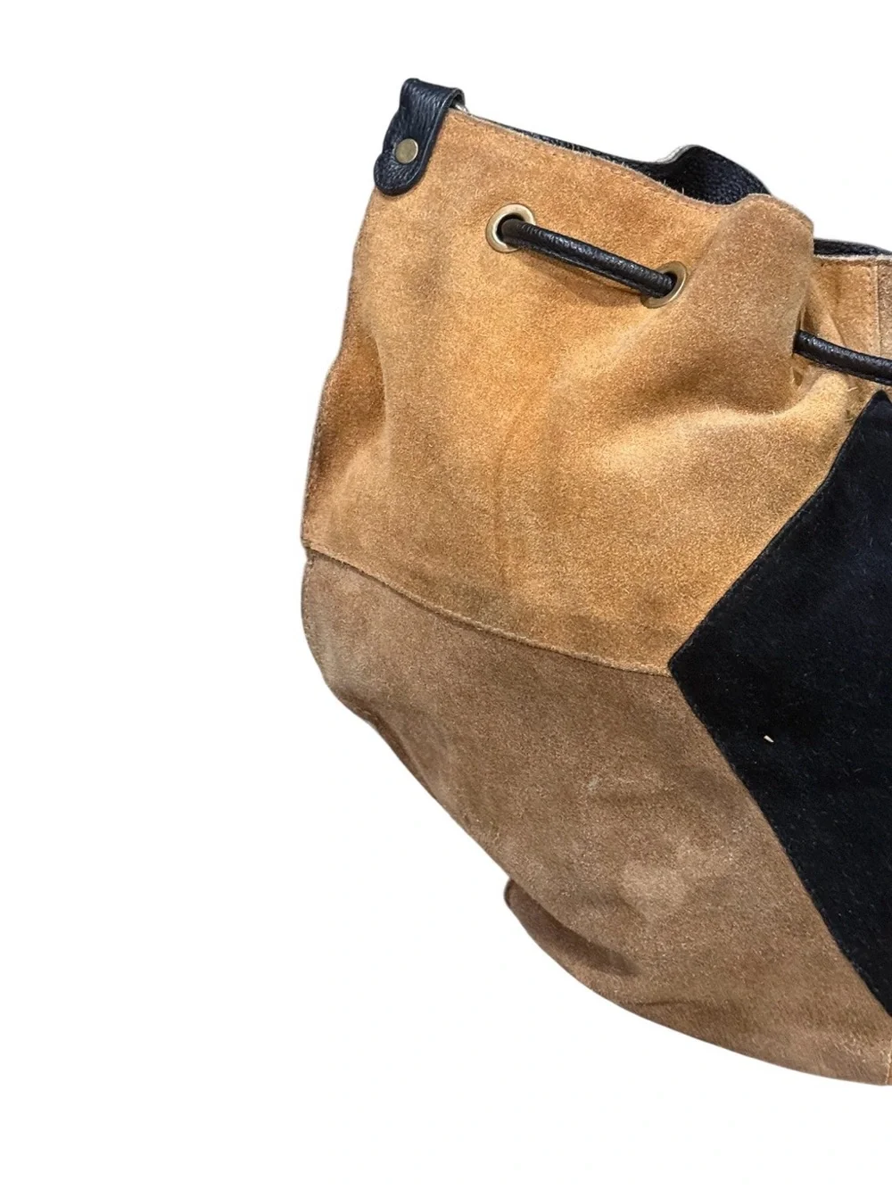 Free People Suede Patchwork Drawstring Hobo Bag Tan Black Boho